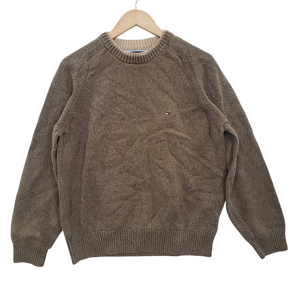 Tommy Hilfiger Mens Brown Textured Cotton Crewneck Sweater Large Raglan Pullover